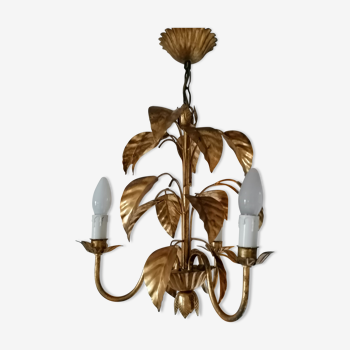 Chandelier gold metal 3 fires décor leaves