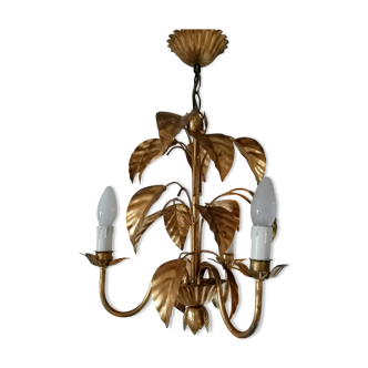 Chandelier gold metal 3 fires décor leaves