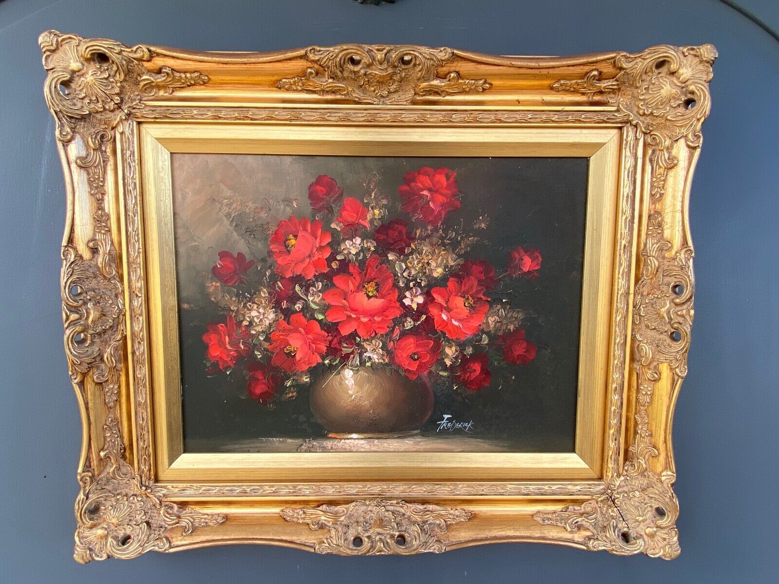 Oil on canvas bouquet of flowers by frederick still life golden frame