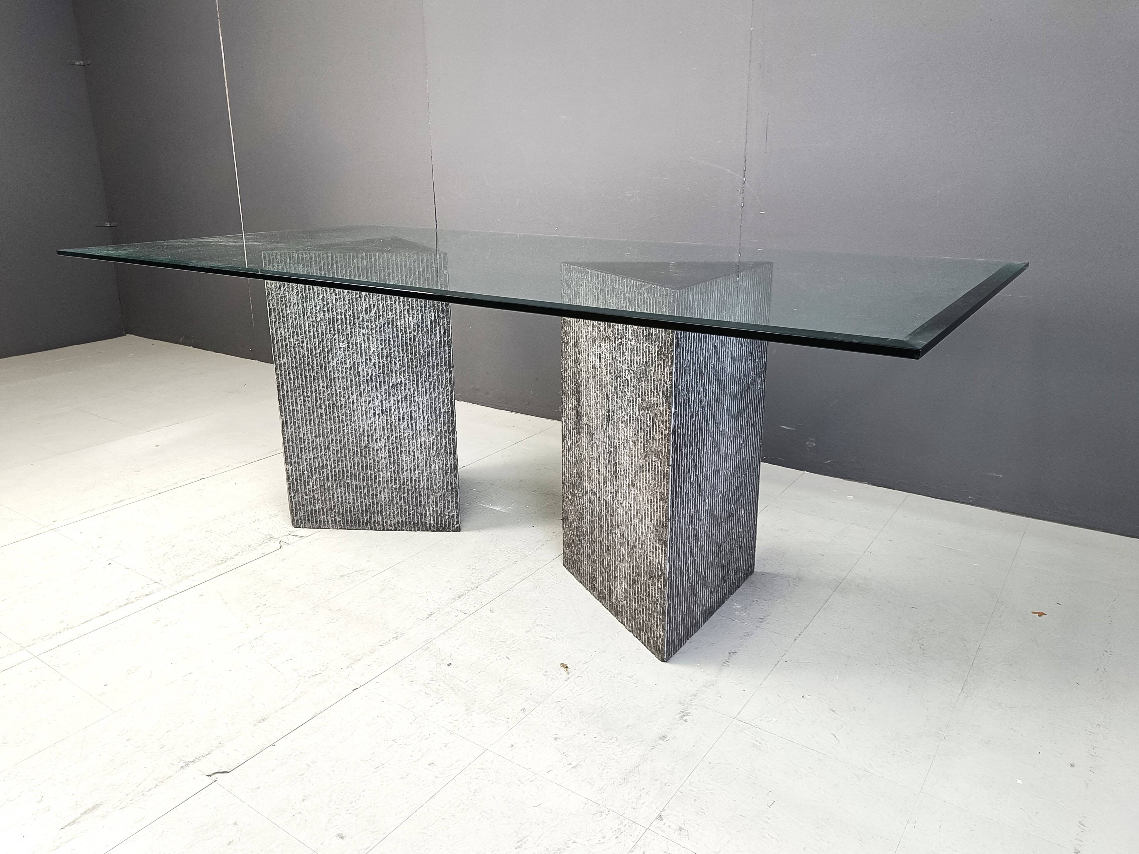 Vintage brutalist glass and marble dining table, 1970s