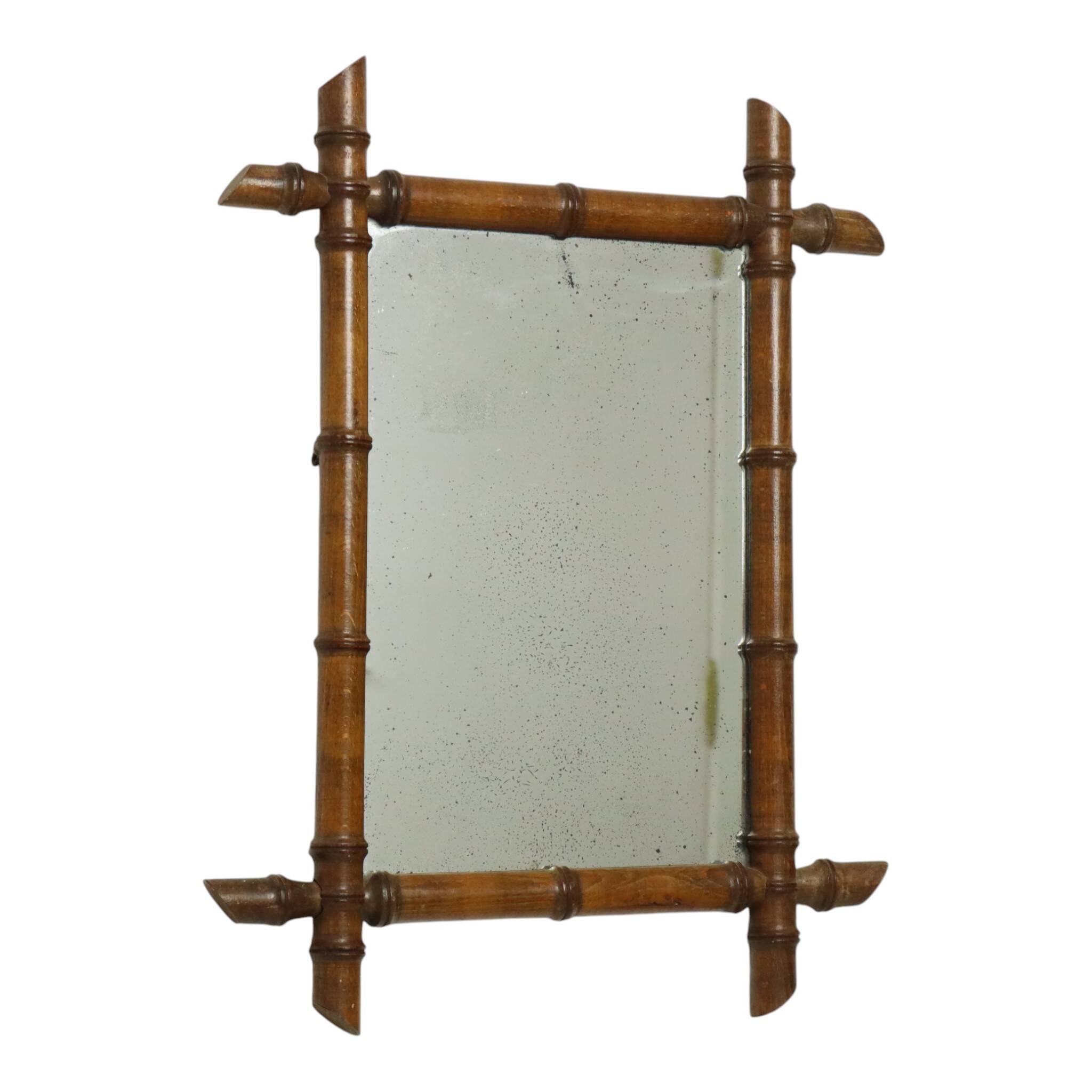 Antique French Wooden Faux Bamboo Mirror 52x39cm