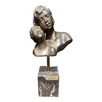 Bronze on marble base representing a mother and her son signed A.Hair.