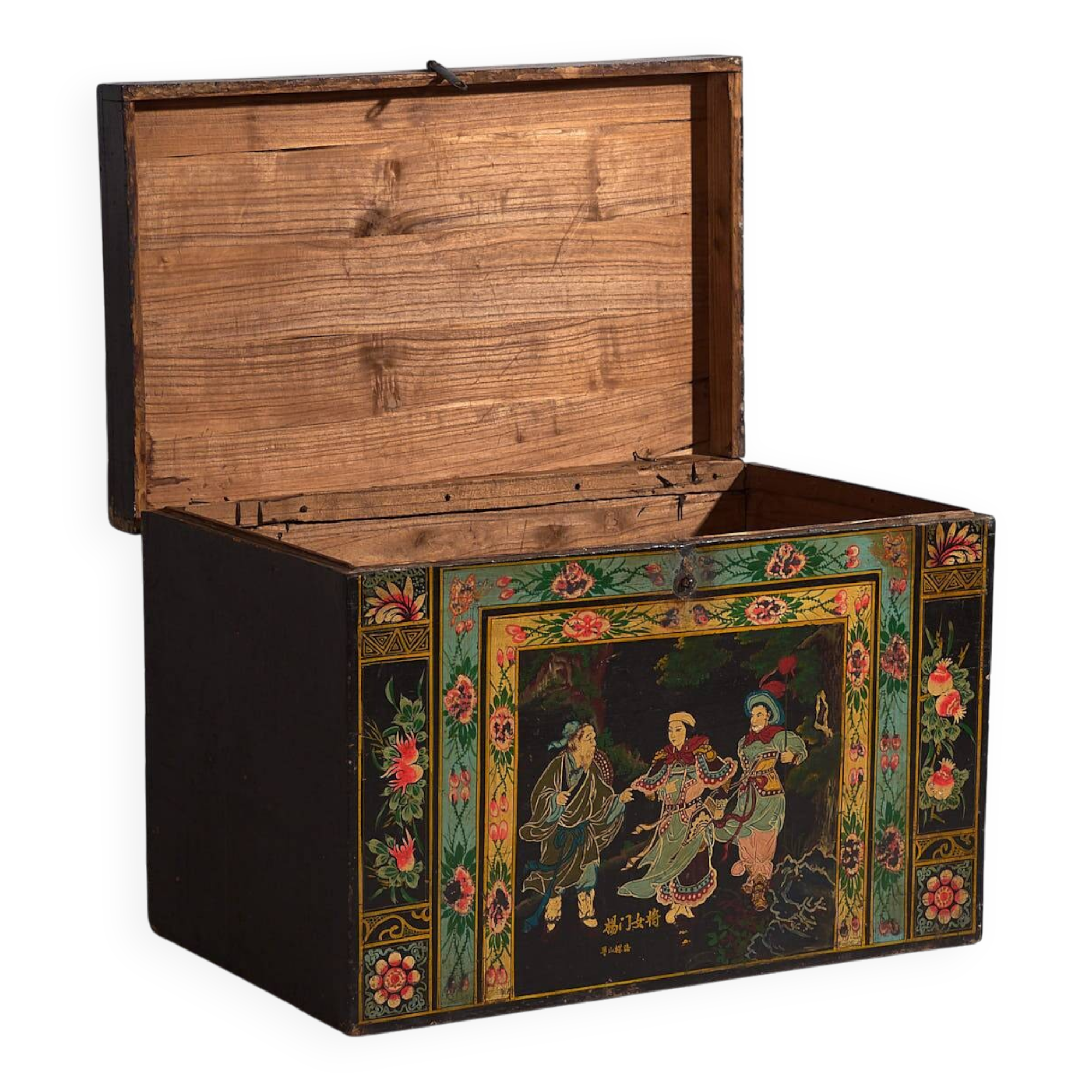 Antique oriental chest with painting of the warrior Yang Mulan (c.1900) #9