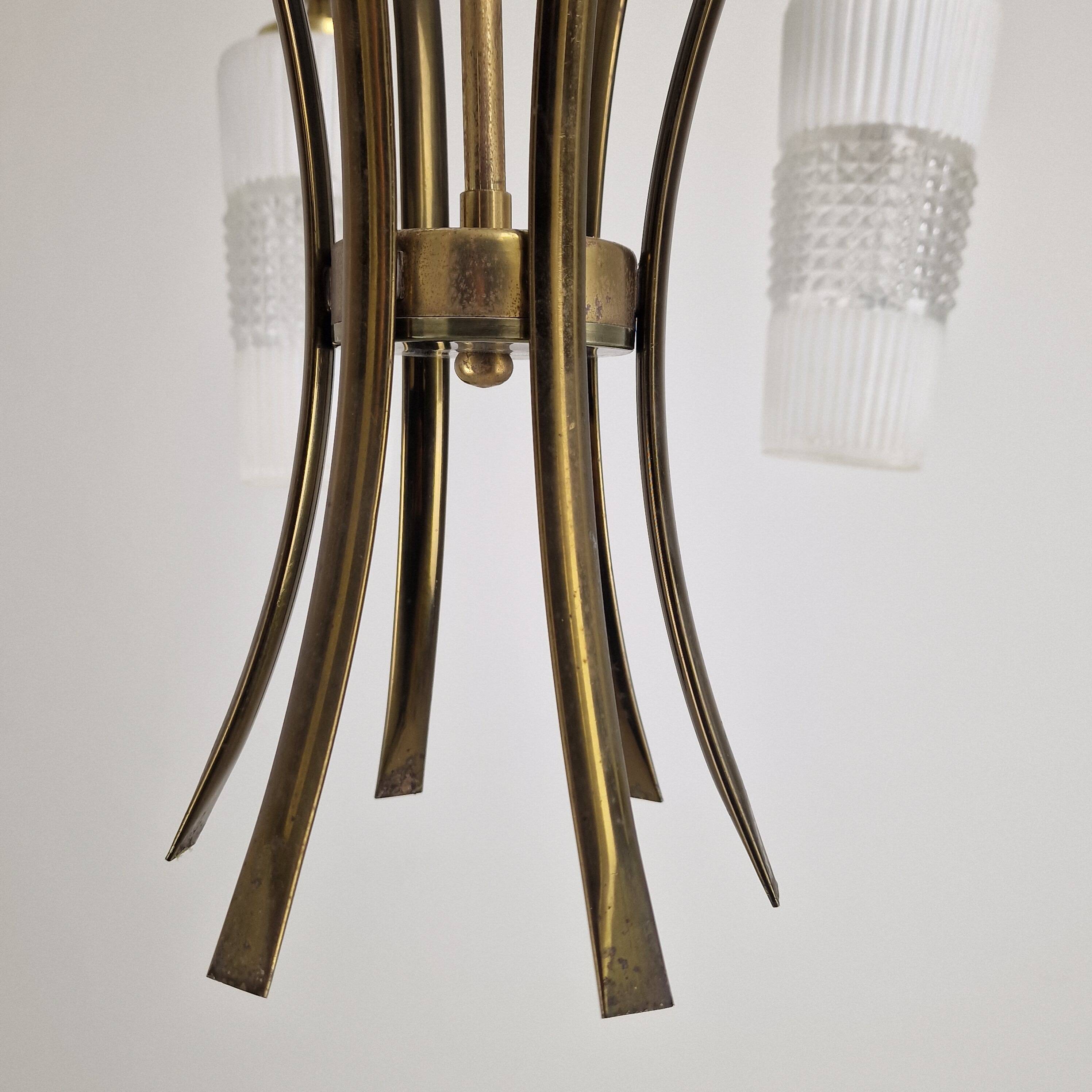 Italian Mid-Century Brass Chandelier with Murano Style Glass Shades, 1960's