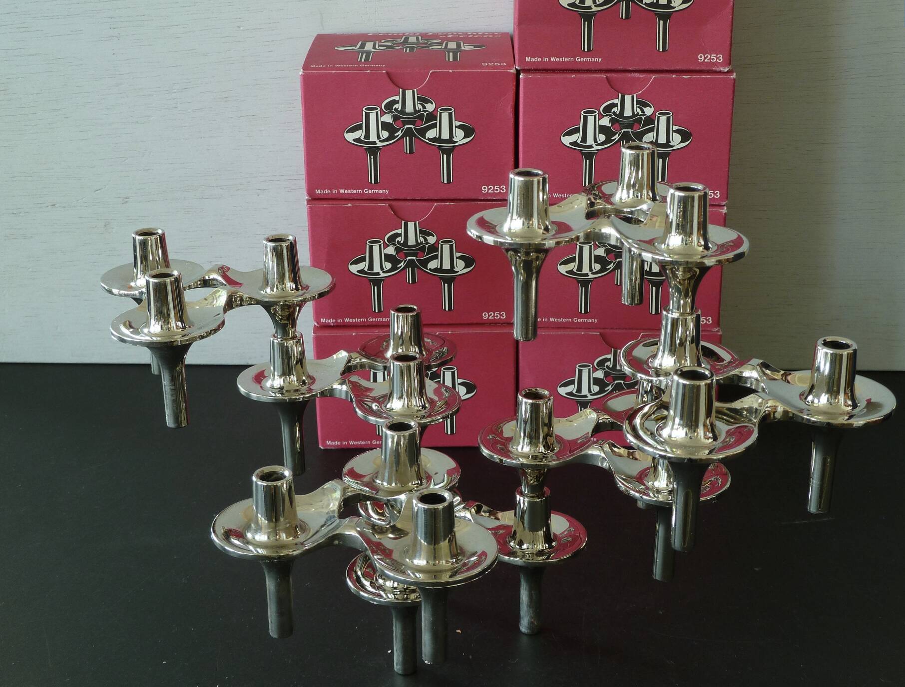 Rare set of 7 BMF Orion type Nagel candlesticks with box