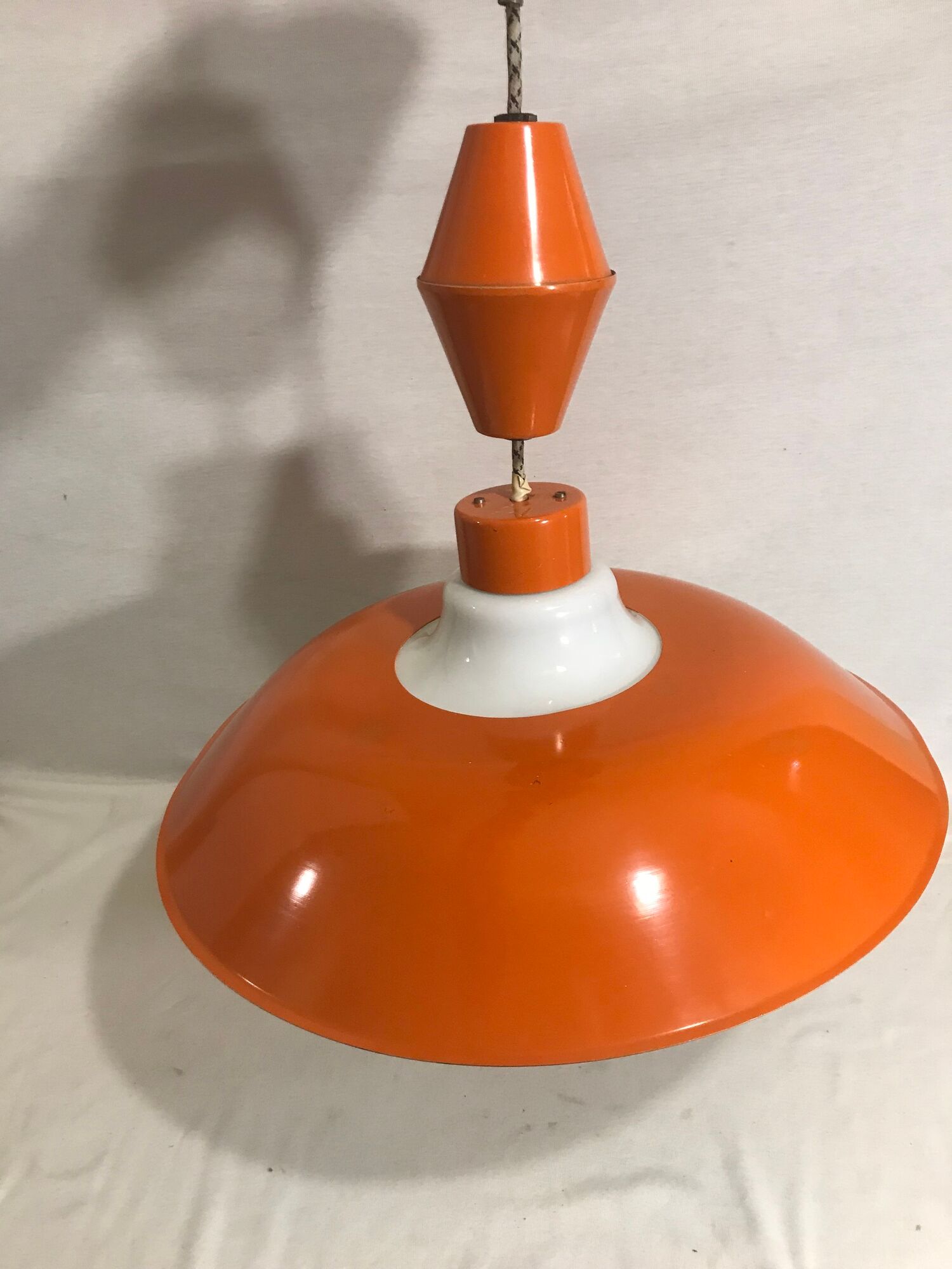 Hanging lamp old glass opal white, support & globe metal orange 70s vintage