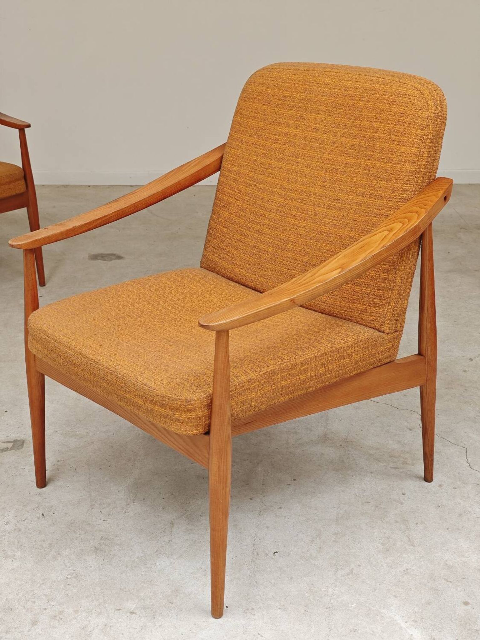 Pair of Czech armchairs in mustard flecked fabric, 1960.