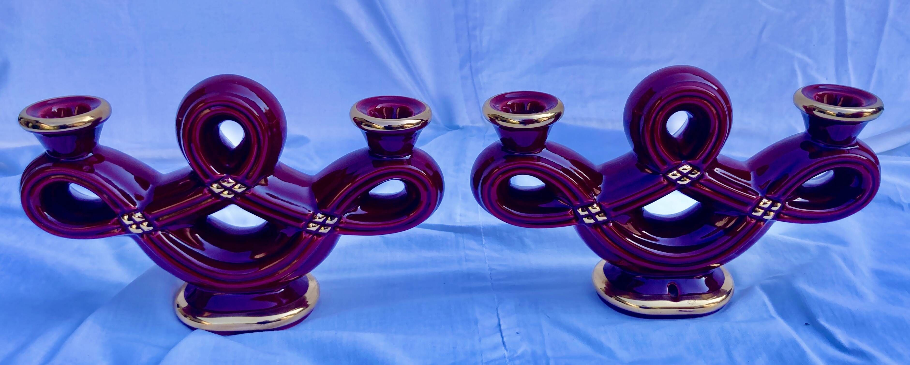 Double Candle Holder Vallauris Vintage Red Burgundy Ceramic Massier Style