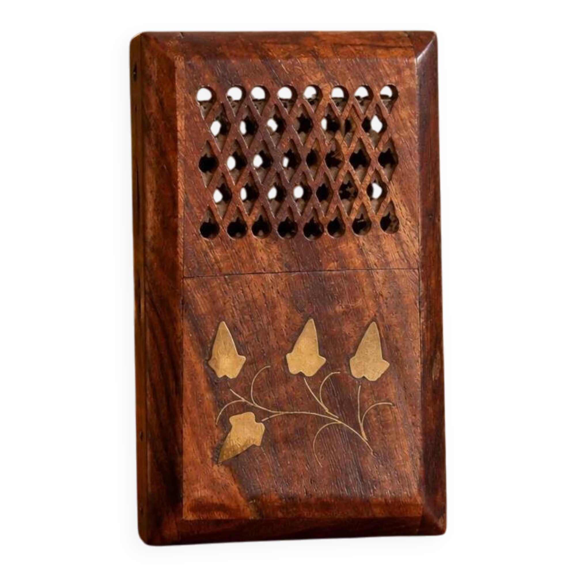 Vintage folding cigarette case in carved wood – golden floral decoration – oriental style