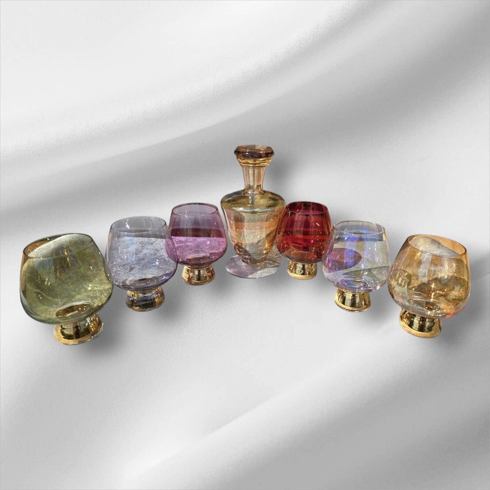 Harlequin liqueur/cognac decanter and 6 glasses, 1950s