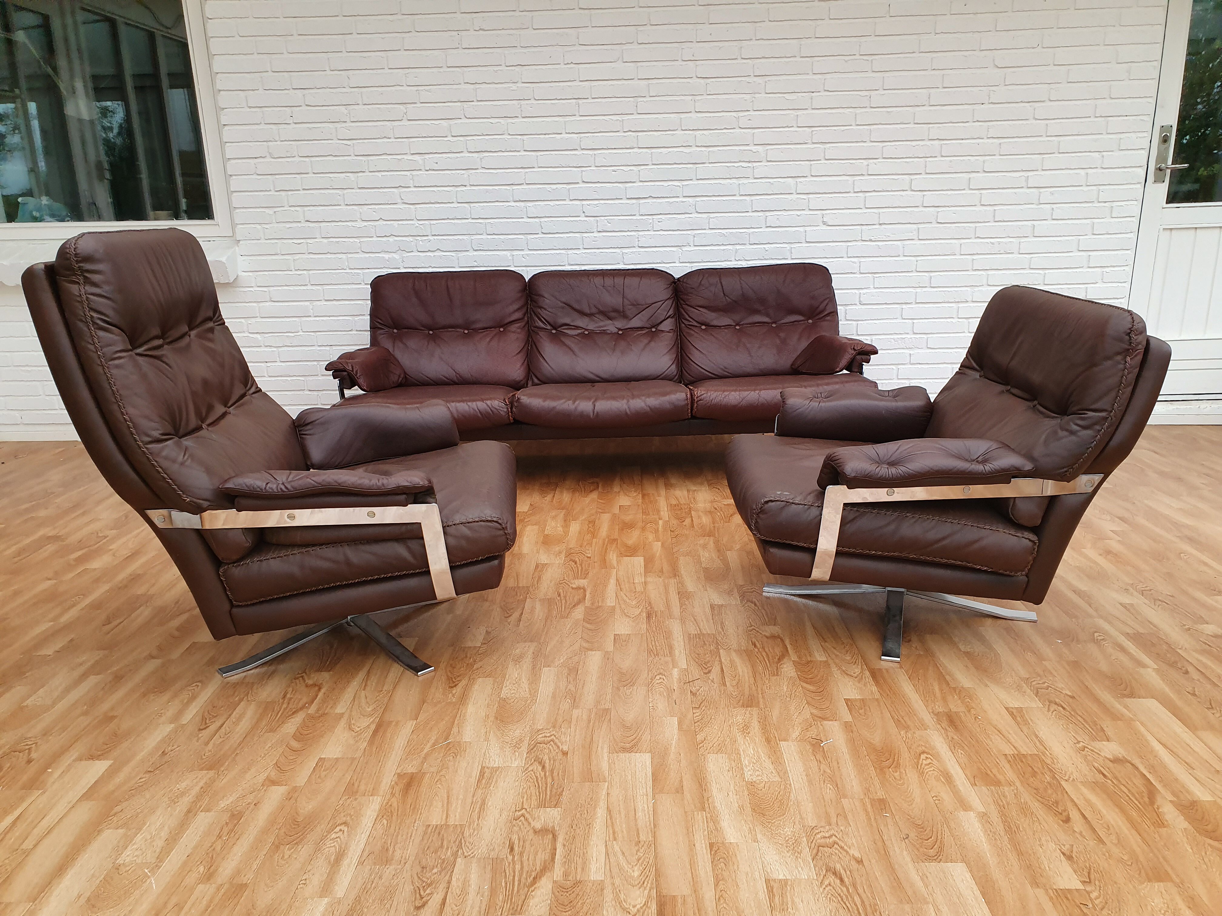 Swedish design 70s, Arne Norell sofa set, original upholstery, leather, chrome steel