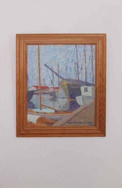 Original Swedish oil on panel – “Moored Boats” by Olle Anderson – vintage & framed – 44 × 51 cm