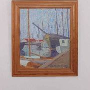 Original Swedish oil on panel – “Moored Boats” by Olle Anderson – vintage & framed – 44 × 51 cm