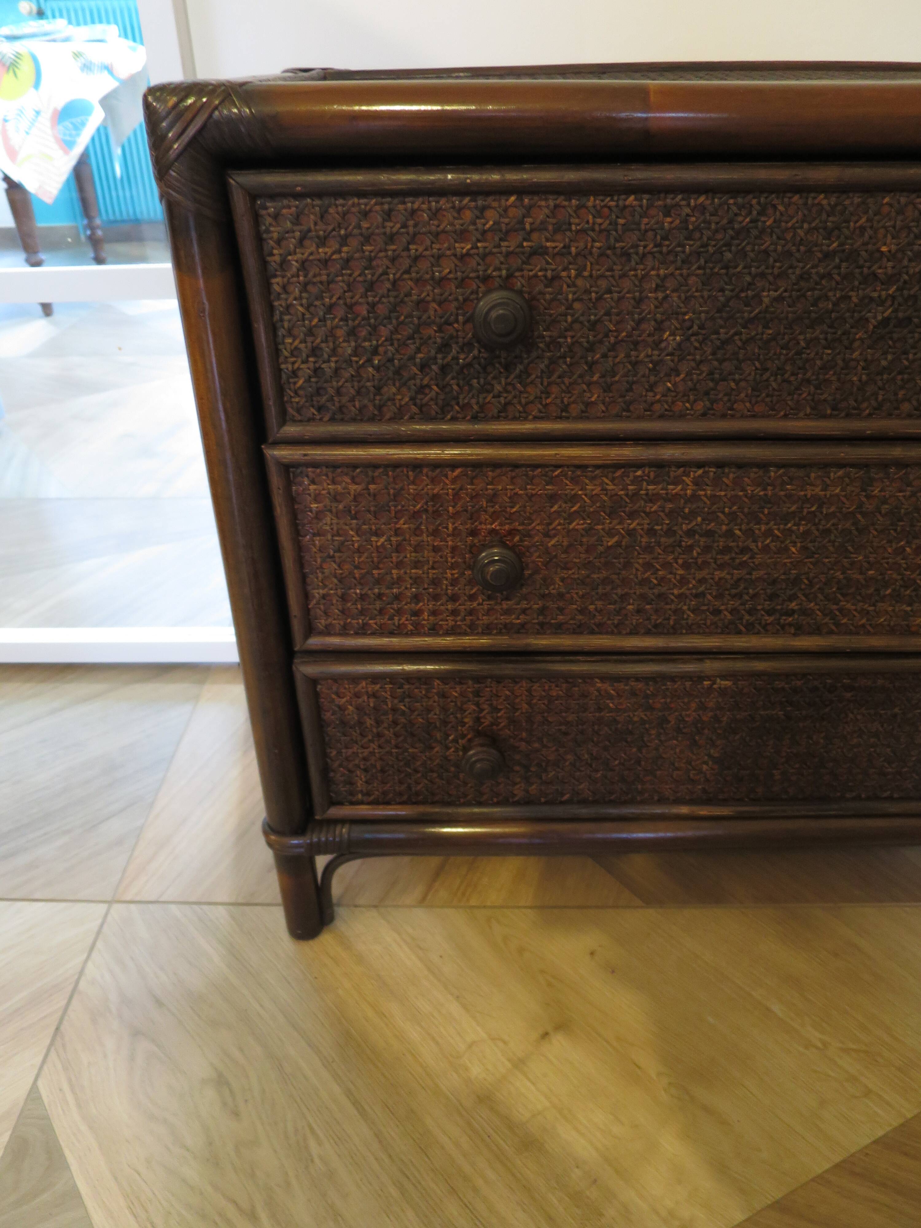 Vintage 3-drawer chest of drawers - wood, bamboo and woven rattan - 1980s