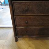 Vintage-commode 3 tioirs -bois bambou et rotin tressé - années 80