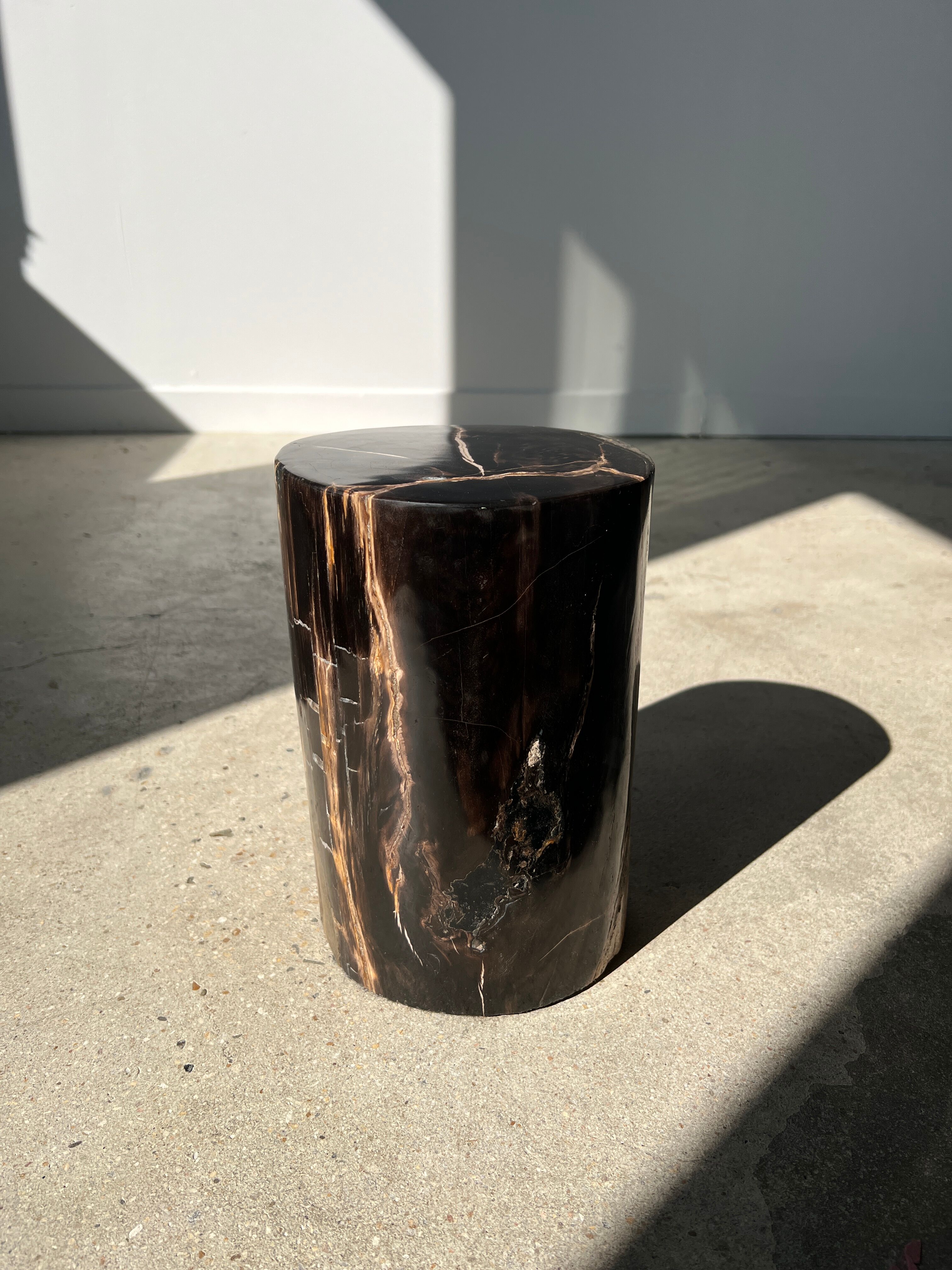 Side table in black petrified wood with light streaks h: 27,5cm d:18,5cm