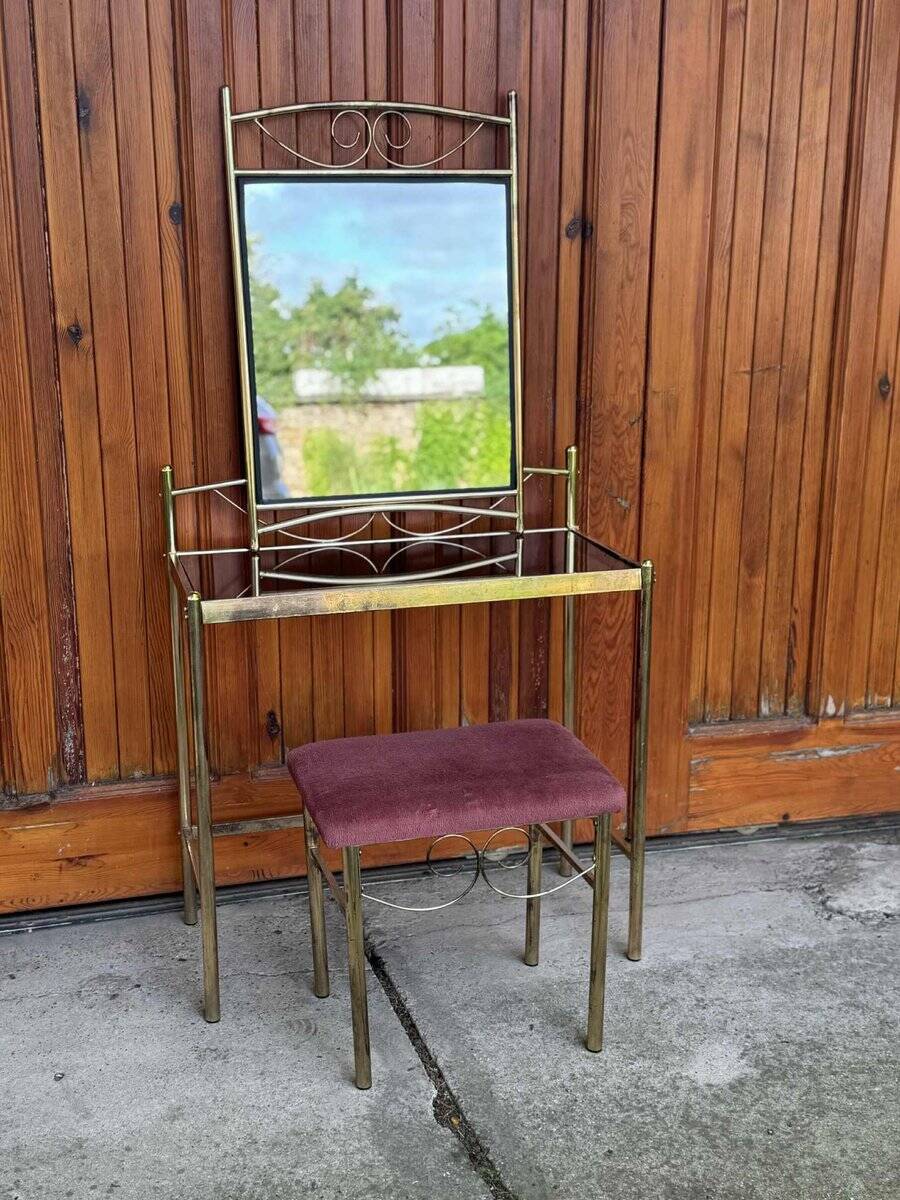 Vintage French Art Deco style vanity table in brass, 1960s, set of 3