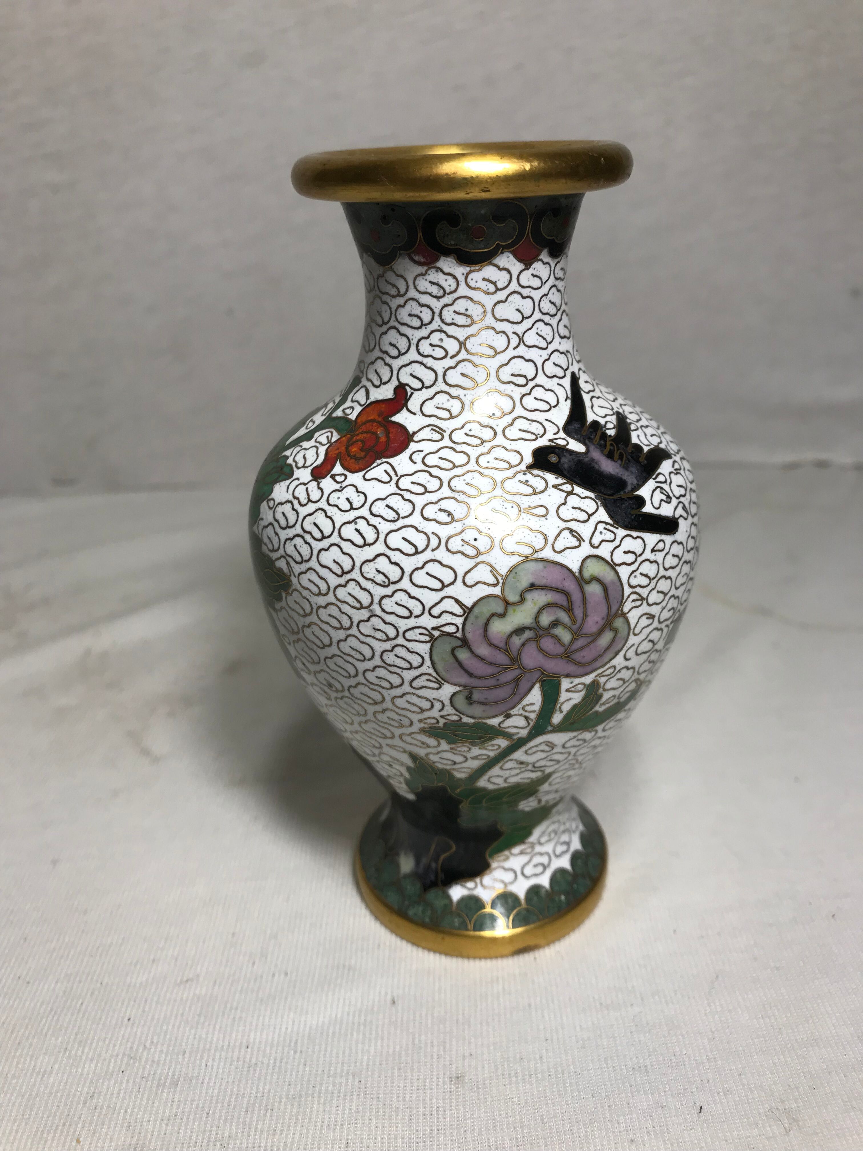 Vase cloisonné laiton dessins fleurs émaillés décoration vintage #2
