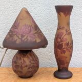 Signed lamp and vase, Tip Gallé – Acid-etched glass – Art Nouveau