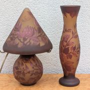 Signed lamp and vase, Tip Gallé – Acid-etched glass – Art Nouveau