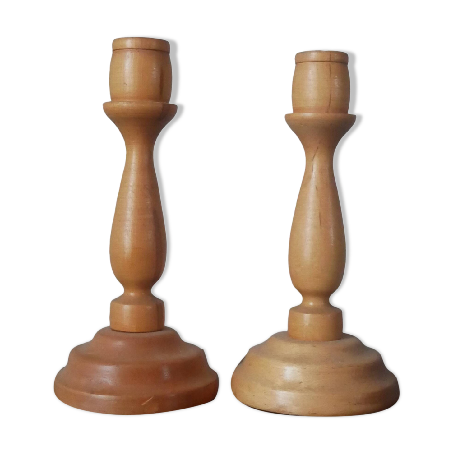 Pair of turned wooden candlesticks, handcrafted, Scandinavian country decoration