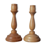 Pair of turned wooden candlesticks, handcrafted, Scandinavian country decoration