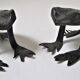 Two metal clipboard frogs patinated vintage brutalist