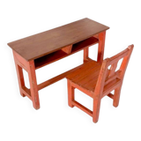 Ancien set pupitre et chaise d’écolier en teck birman patine rouge d'origin