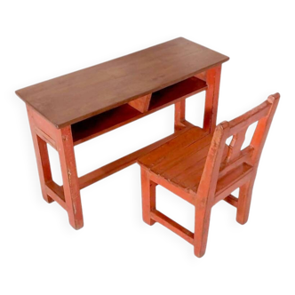 Ancien set pupitre et chaise d’écolier en teck birman patine rouge d'origin