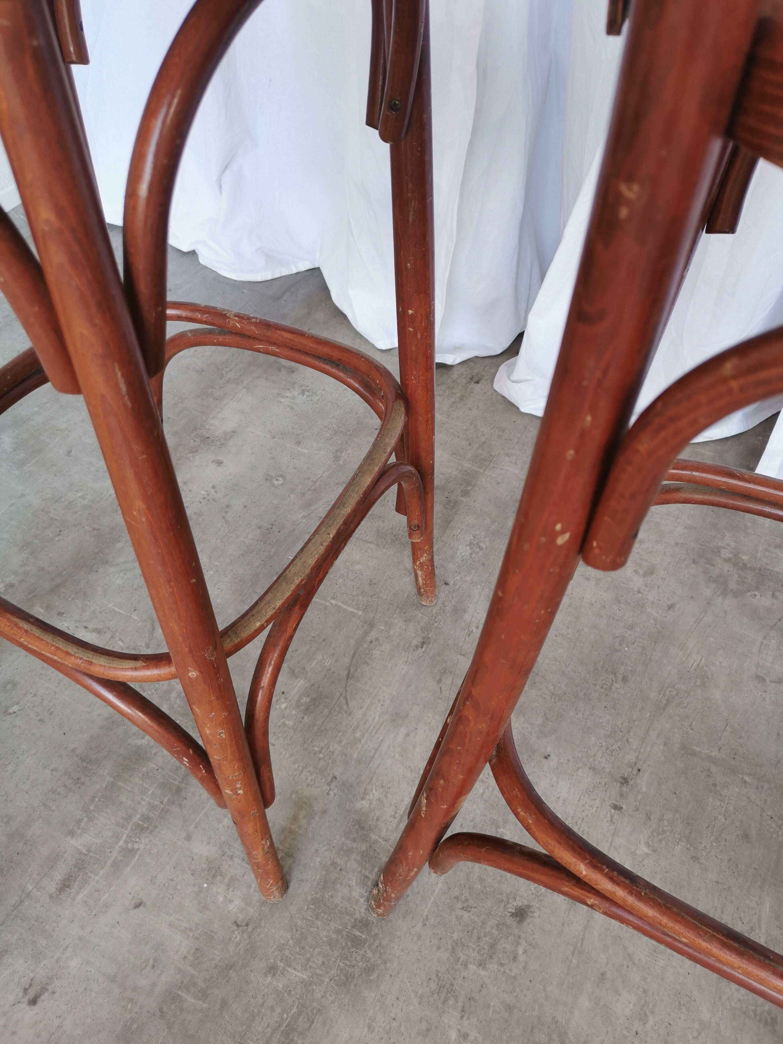 Mid-Century Thonet Style Bar Stools: Red Faux Leather Seat, Set of 2
