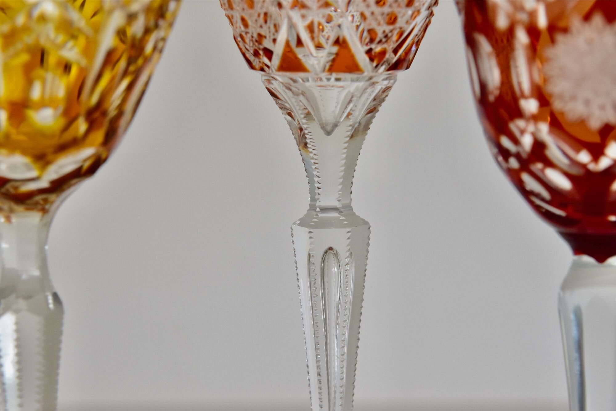 Set of 6 Bohemian Multicolored Antique Crystal Wine Glasses