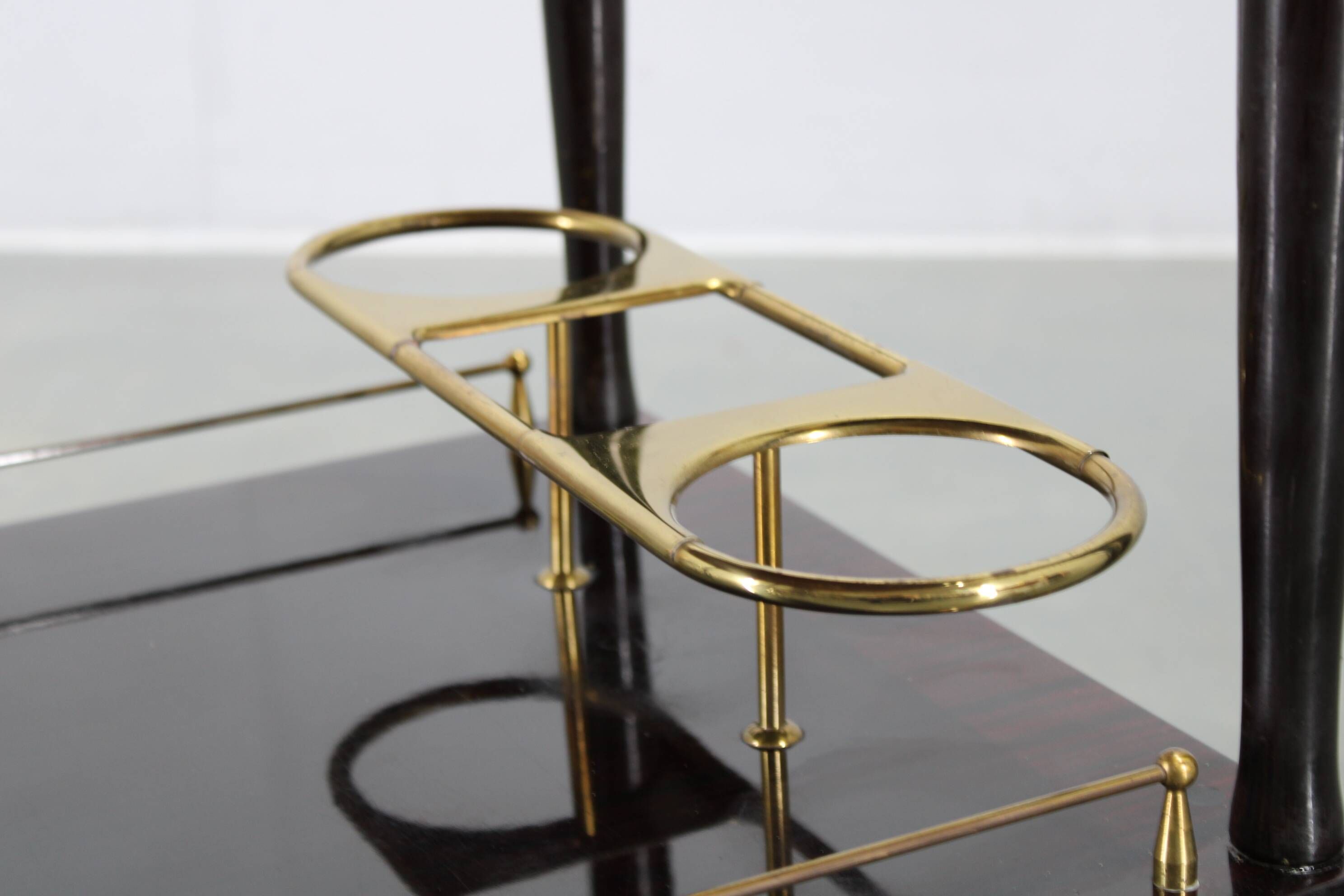 Italian mid-century bar cart with folding leaves, brass and wood