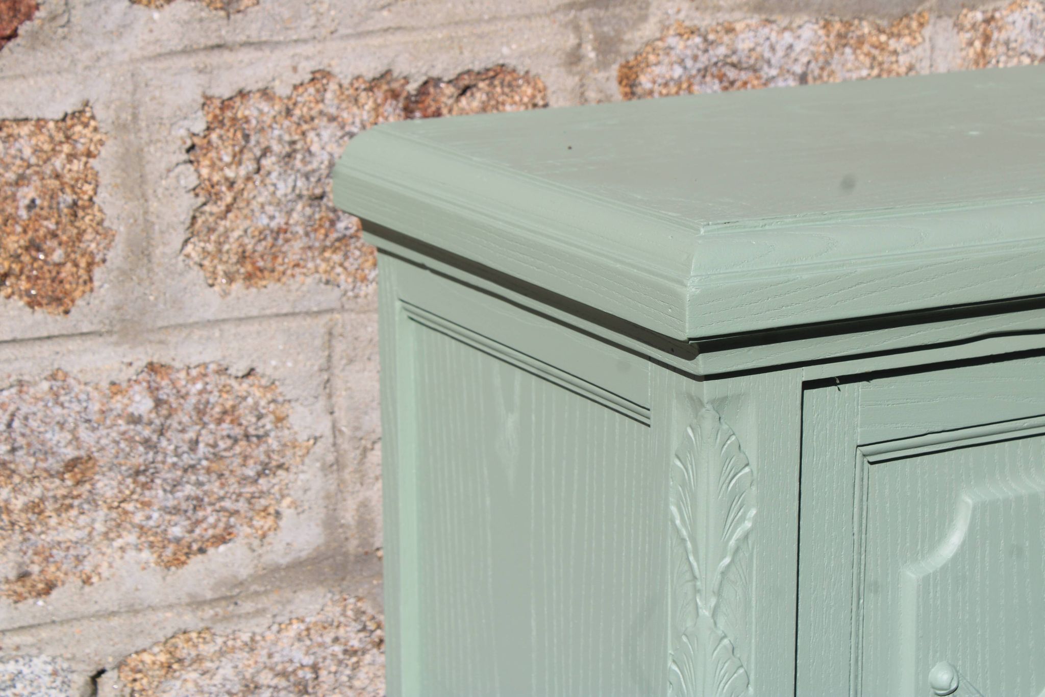 Renovated vintage sage green enfilade – wooden legs & bevelled display cabinets