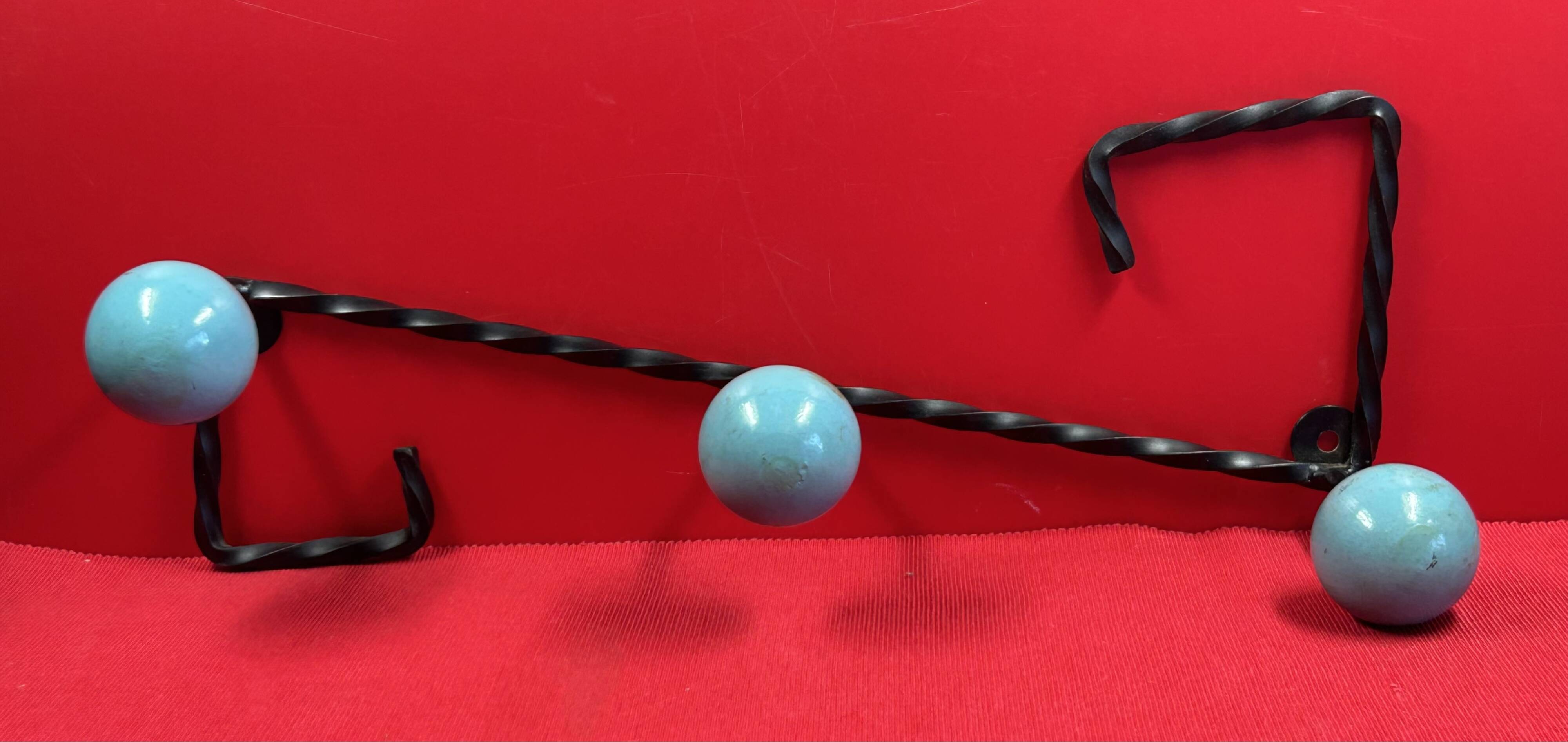 Rare coat rack with 3 hooks, one colour, ball hooks, wrought iron.