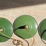 Trio of vintage green enamelled sheet metal lampshade pendants
