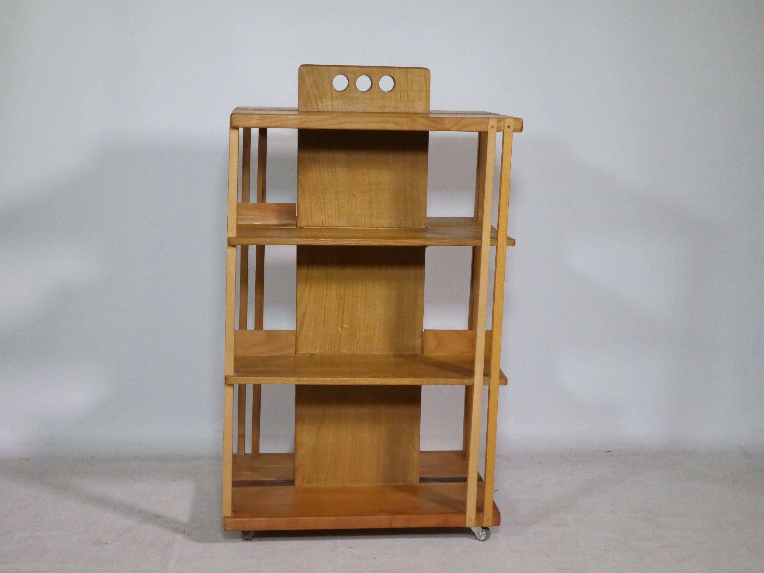 Solid cherry wood rolling shelf, unique piece, 1970s