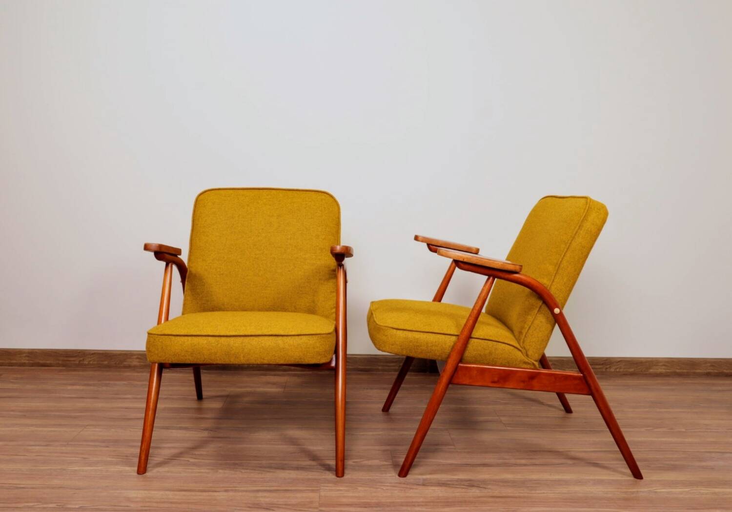 Set of MID Century Armchairs Ocher Yellow Wool, Turned Legs, 1960s