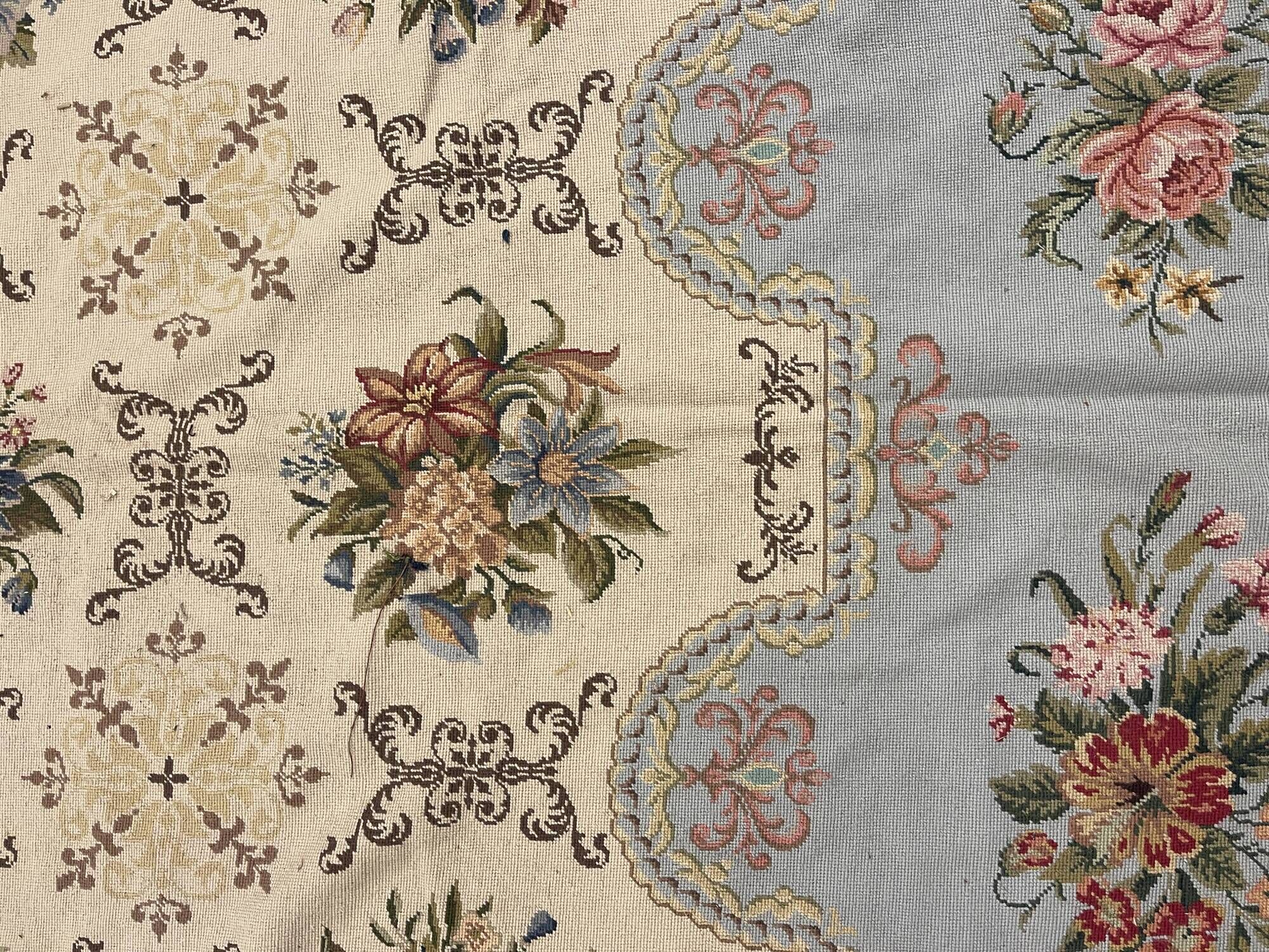 Very Large Aubusson Style Needlepoint Rug 360x470 cm Blue Floral Flatweave Wool