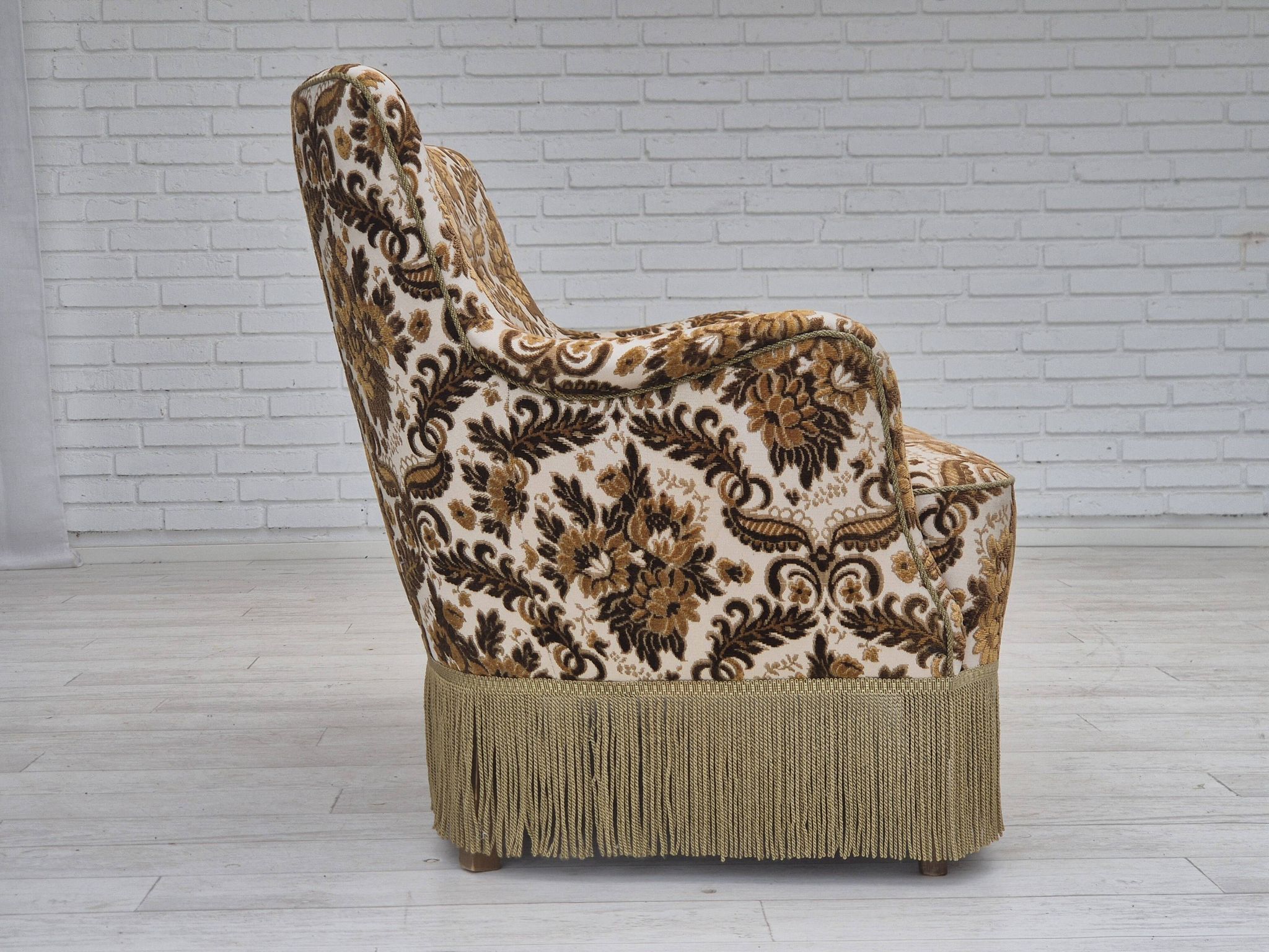 1960s, Danish 2-seater sofa, brown/beige furniture fabric, ash wood legs.
