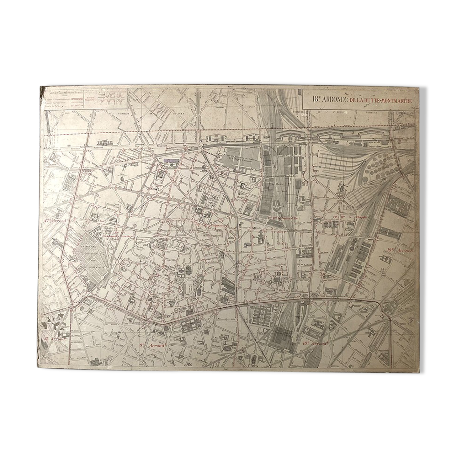 Old cardboard map of Paris - 18th Arrondissement