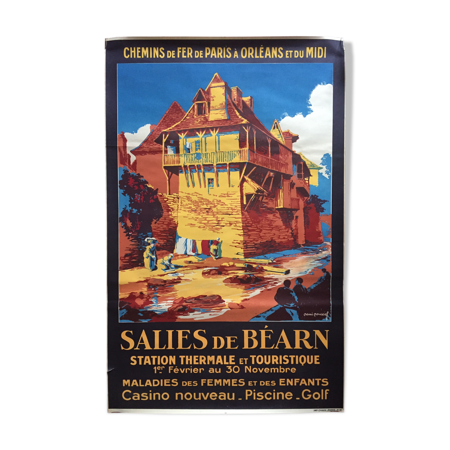 Affiche originale tourisme "Salies de Bearn" 63x98cm 1931