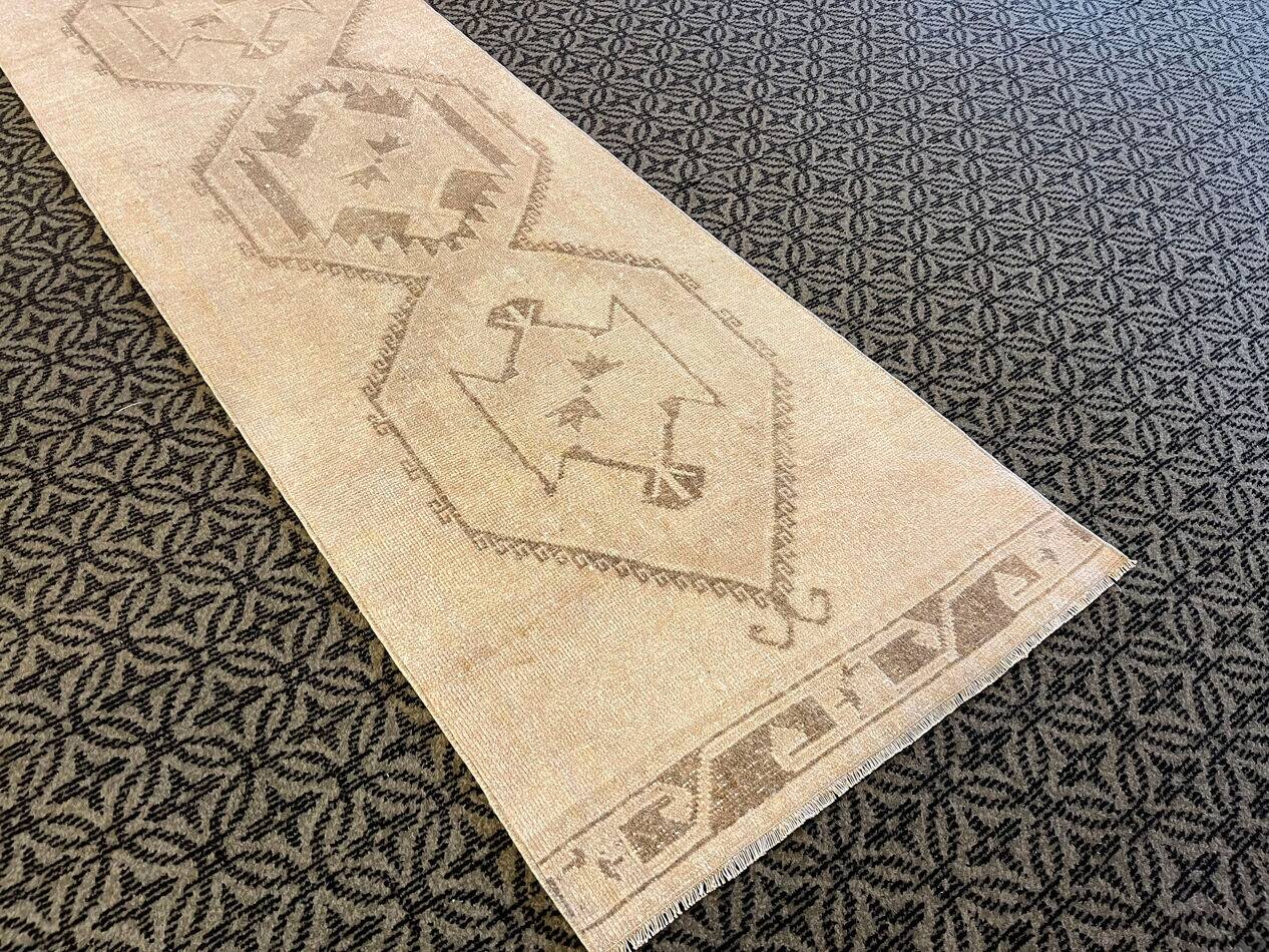 Vintage Handmade Soft Beige and Brown Long Hallway Runner