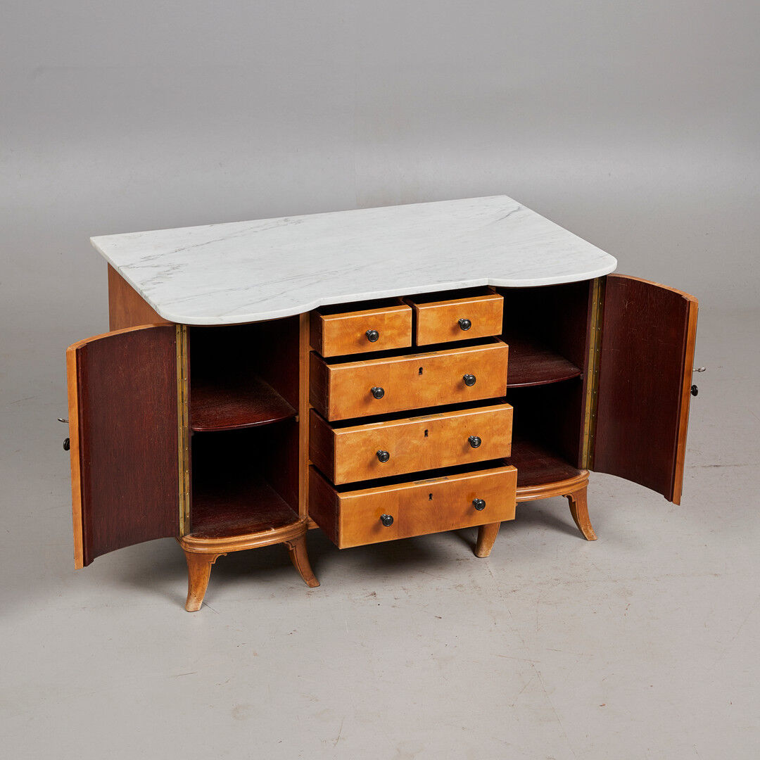 Antique cherry wood chest of drawers with marble top, 1920's