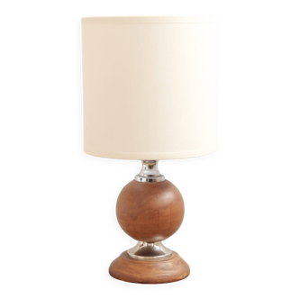 Wooden and silver metal lamp, off-white lampshade, 1970s