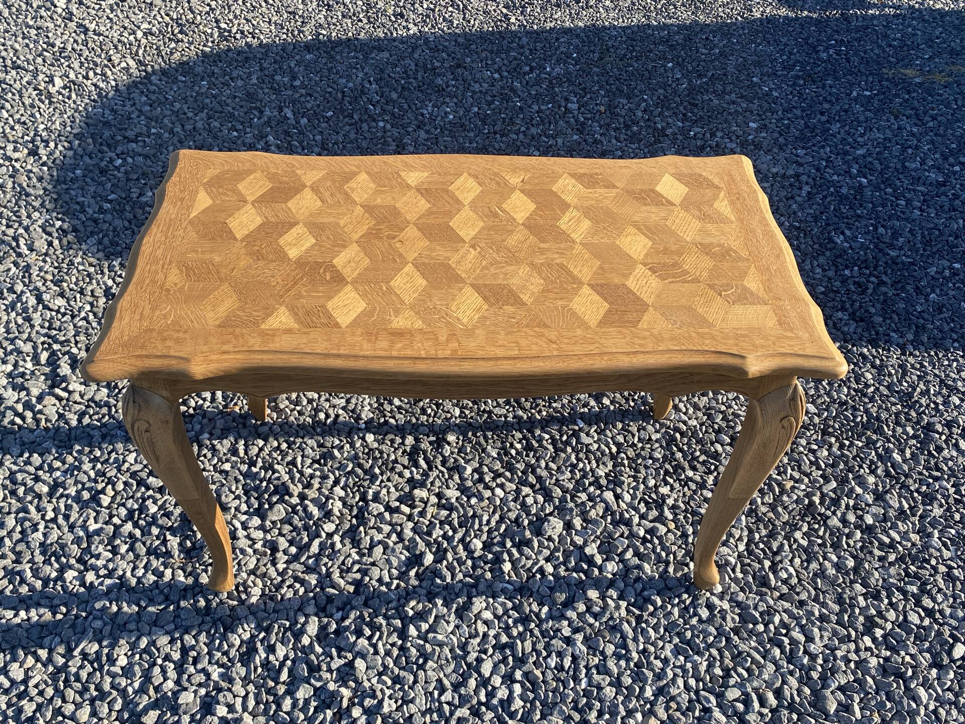 Vintage oak marquetry coffee table, Louis XV style - top motif