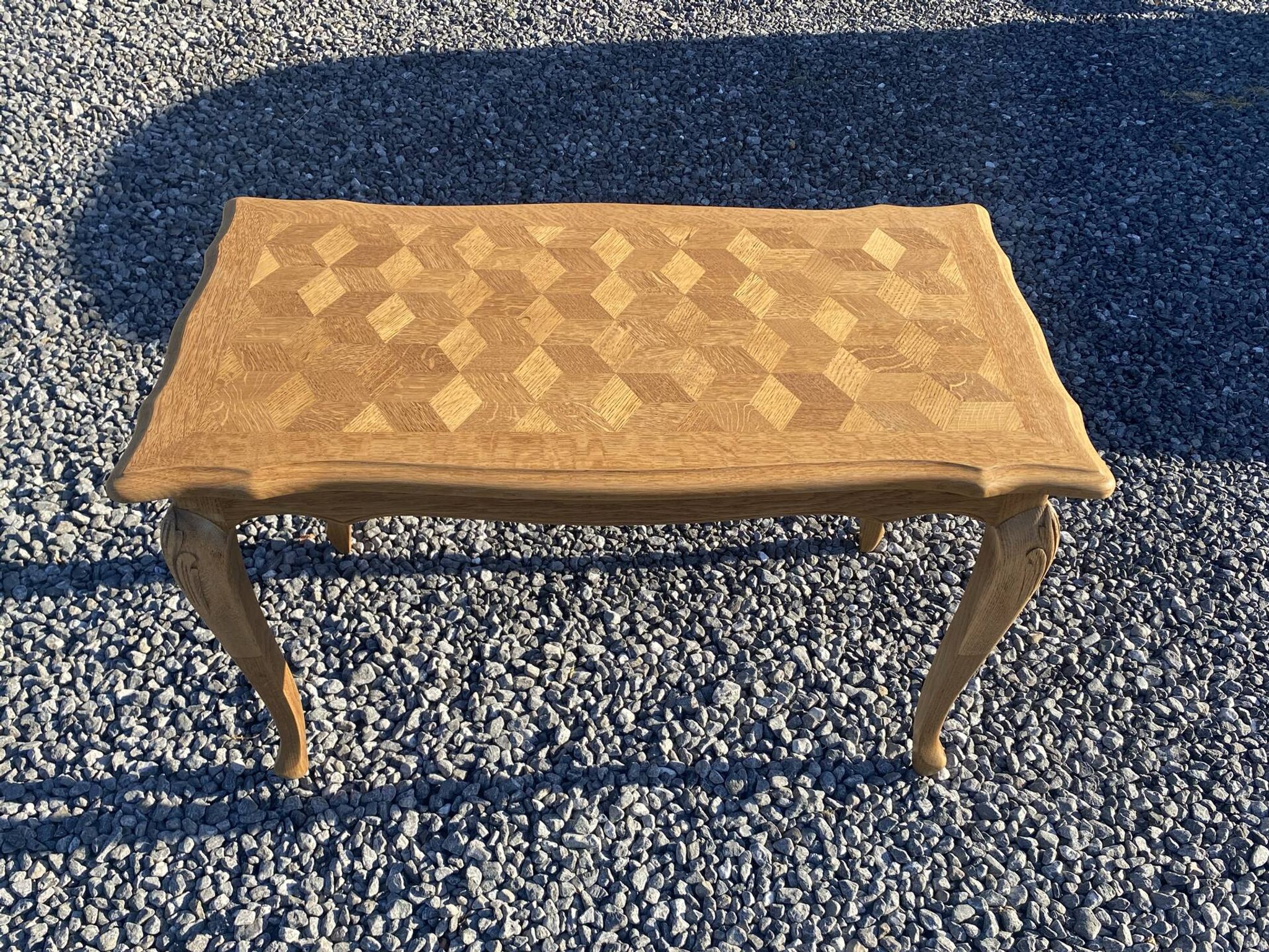 Vintage oak marquetry coffee table, Louis XV style - top motif