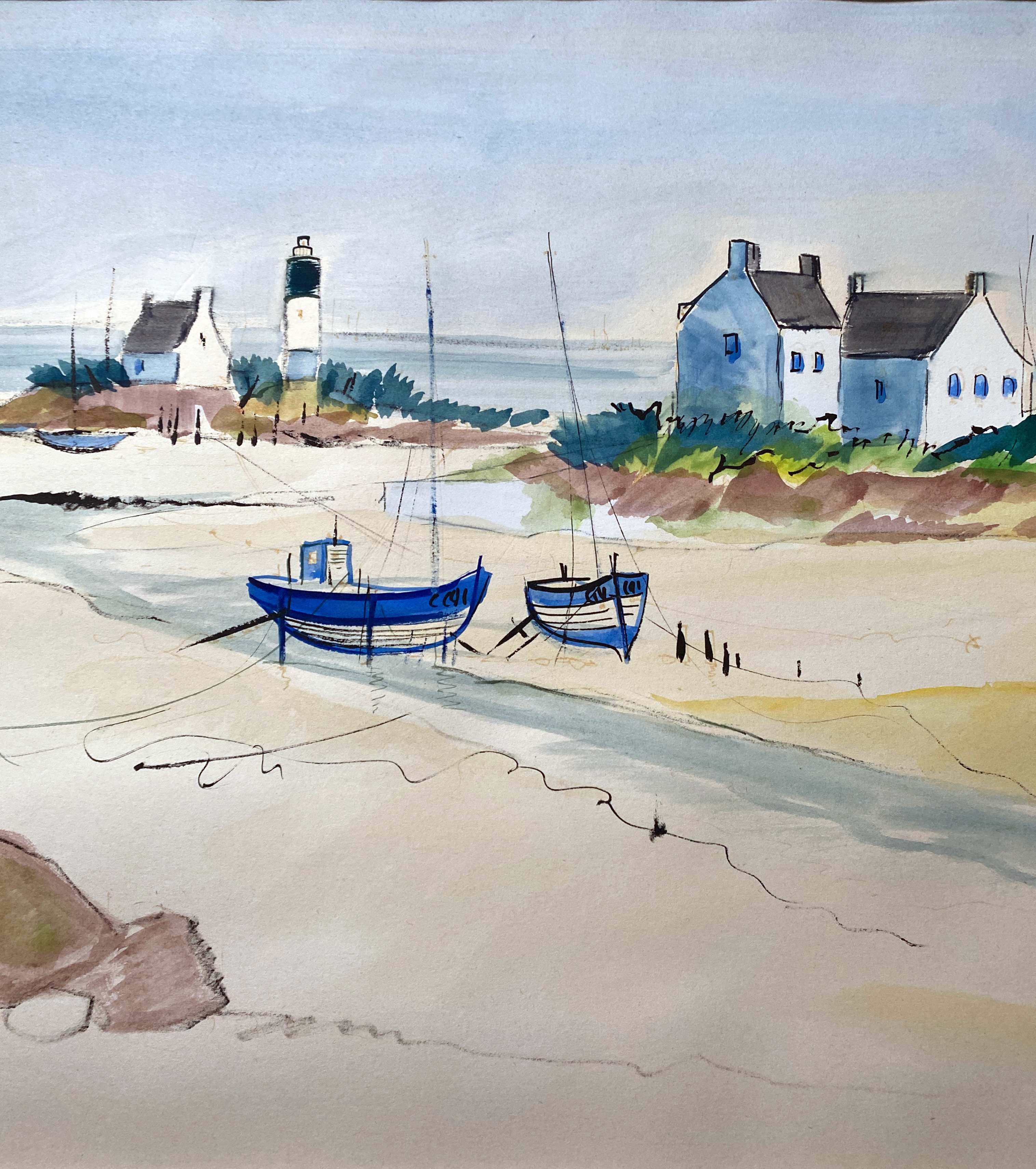 Watercolor painting "Breton Marine" seaside beach signed Mahel 82