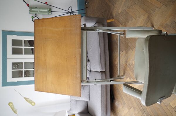 Table d'architecte industrielle bois et fer 1950 vintage + chaise industrielle