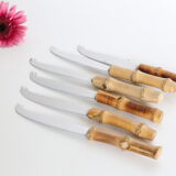 Service of 6 cheese knives, stainless blade and real rattan handle, vintage