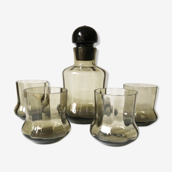 Whisky carafe and its 4 smoked glasses 1970